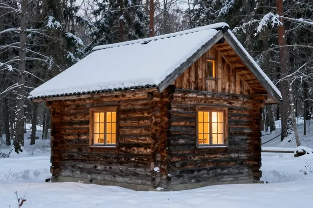 Rustic wooden log cabin with warm glowing windows sits in a snow-covered winter forest at dusk