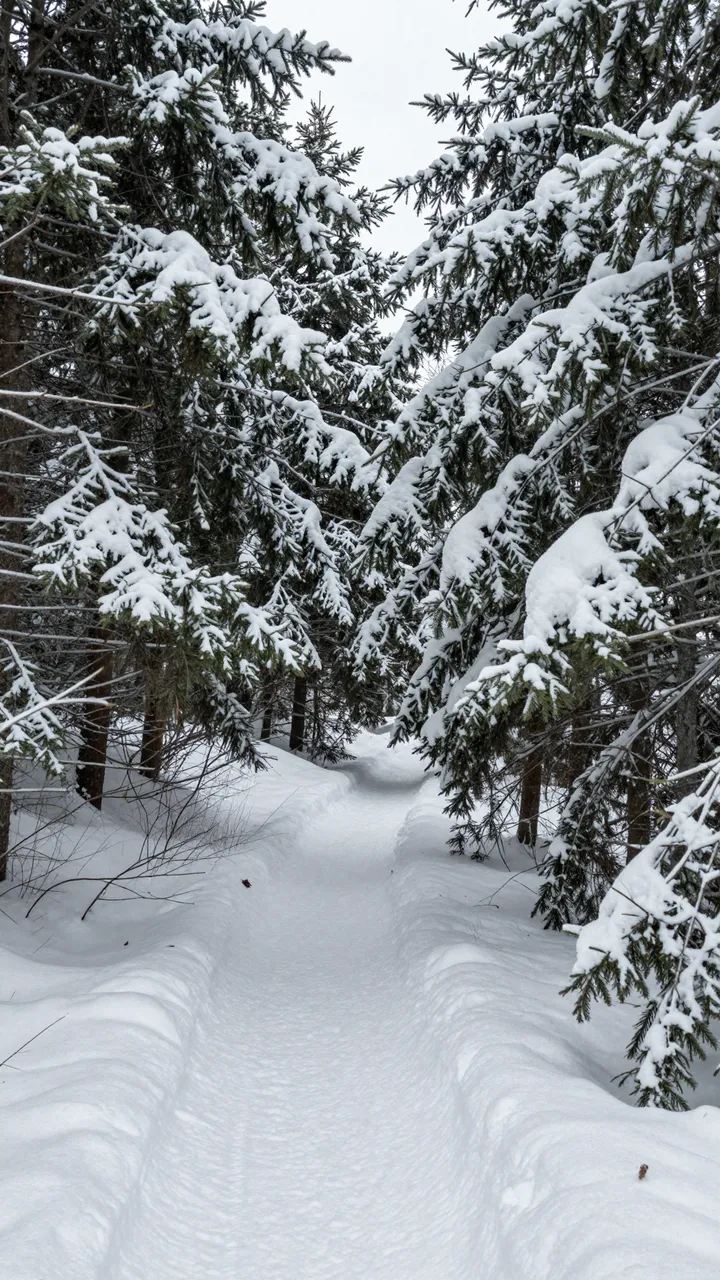 A narrow packed snow trail winds between snow-heavy evergreen trees under overcast gray light