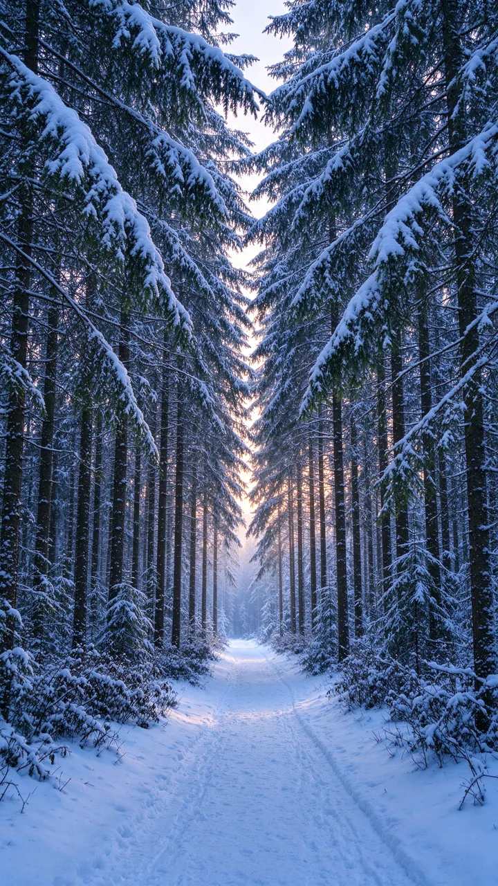 A snow-covered forest trail runs between arching snow-laden evergreen trees at pale warm dawn light