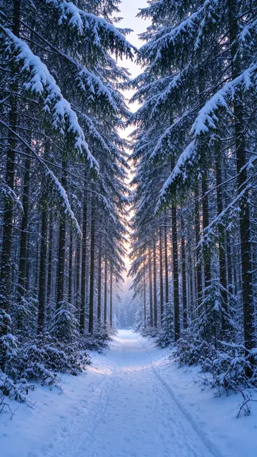 A snow-covered forest trail runs between arching snow-laden evergreen trees at pale warm dawn light