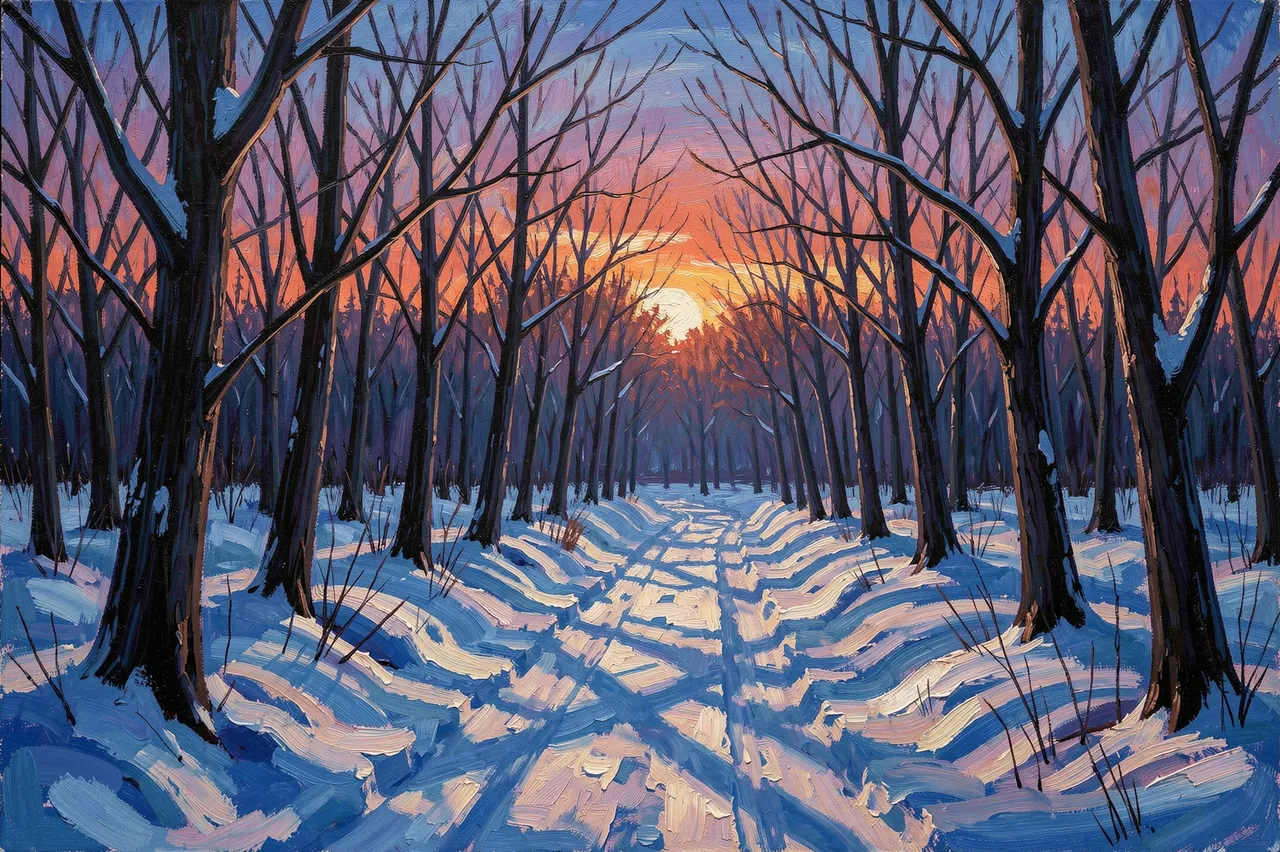 Textured oil painting of a snowy forest trail lined with bare trees at glowing twilight