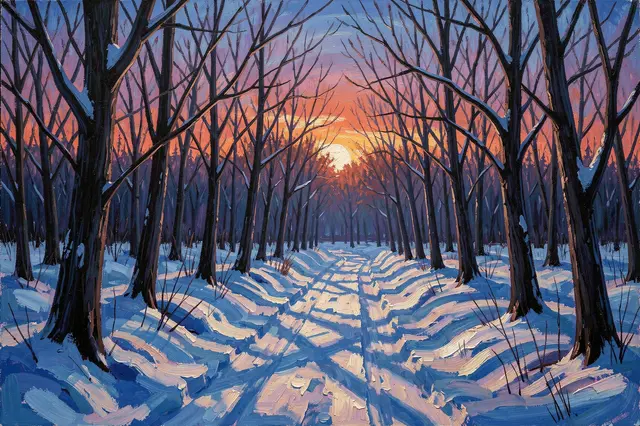 Textured oil painting of a snowy forest trail lined with bare trees at glowing twilight