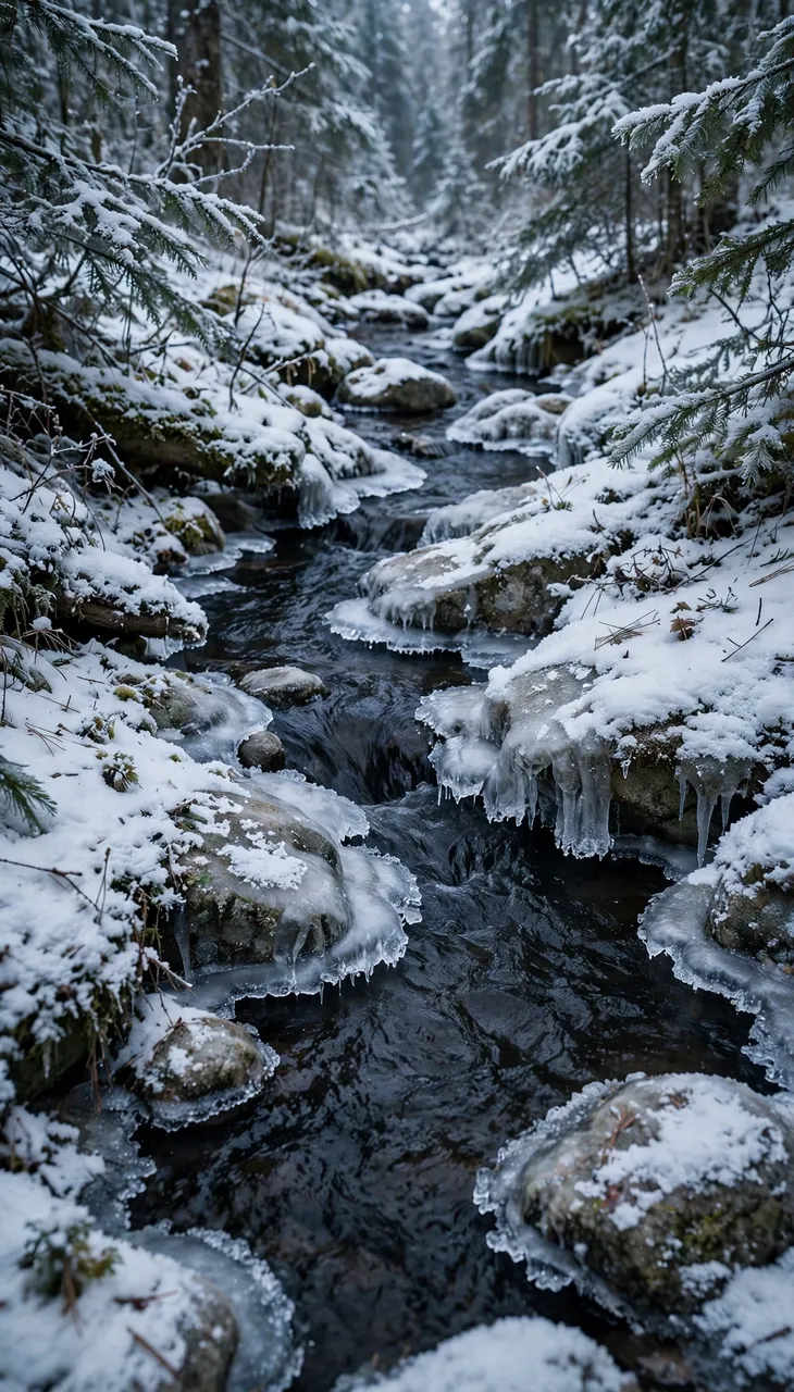 A narrow dark forest stream flows past snow-dusted rocks edged with ice and icicles in a winter woodland.