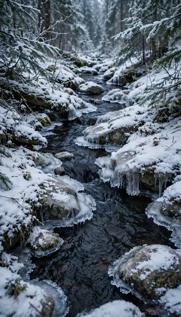 A narrow dark forest stream flows past snow-dusted rocks edged with ice and icicles in a winter woodland.