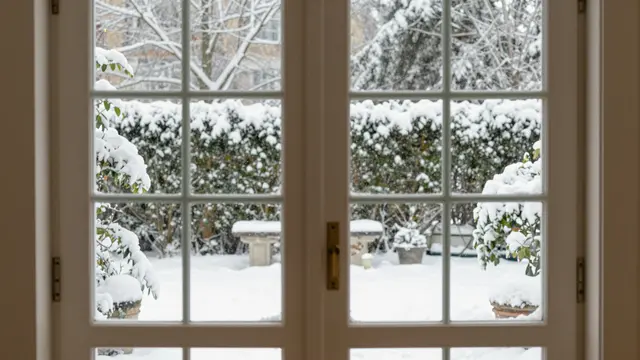 A view of a snow-covered residential garden seen from indoors through paned glass double doors