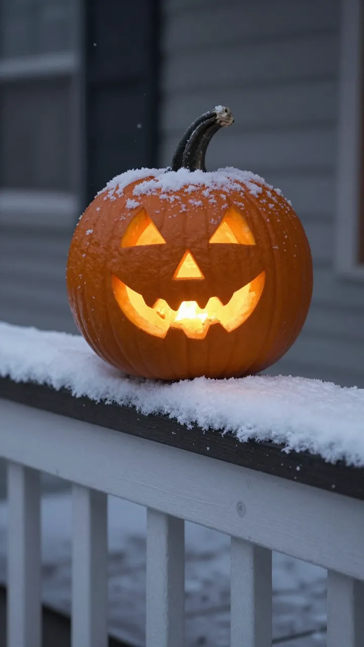 A carved glowing jack-o'-lantern dusted with fresh snow sits on a snowy porch rail on Halloween night