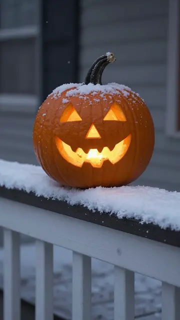 A carved glowing jack-o'-lantern dusted with fresh snow sits on a snowy porch rail on Halloween night