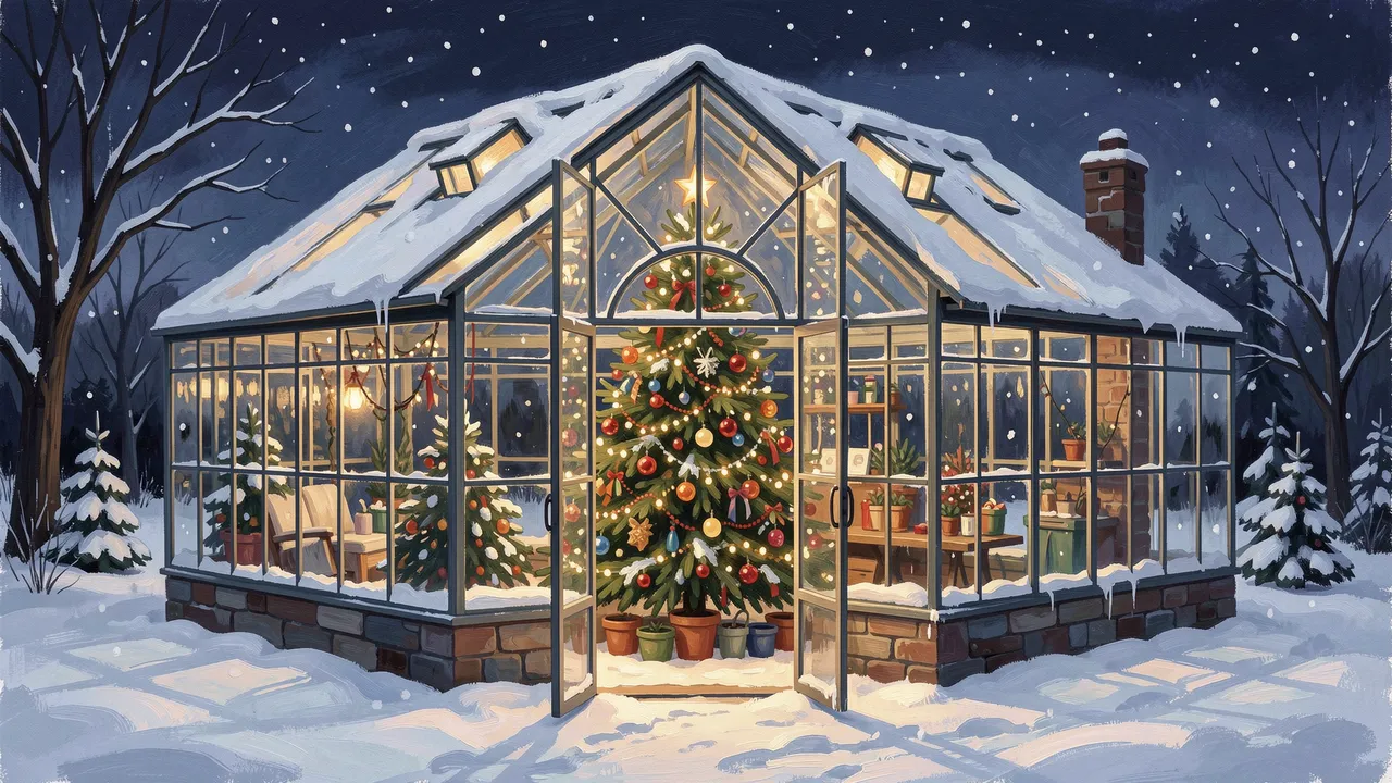 A glowing snow-covered greenhouse holds a decorated Christmas tree on a dark snowy winter night