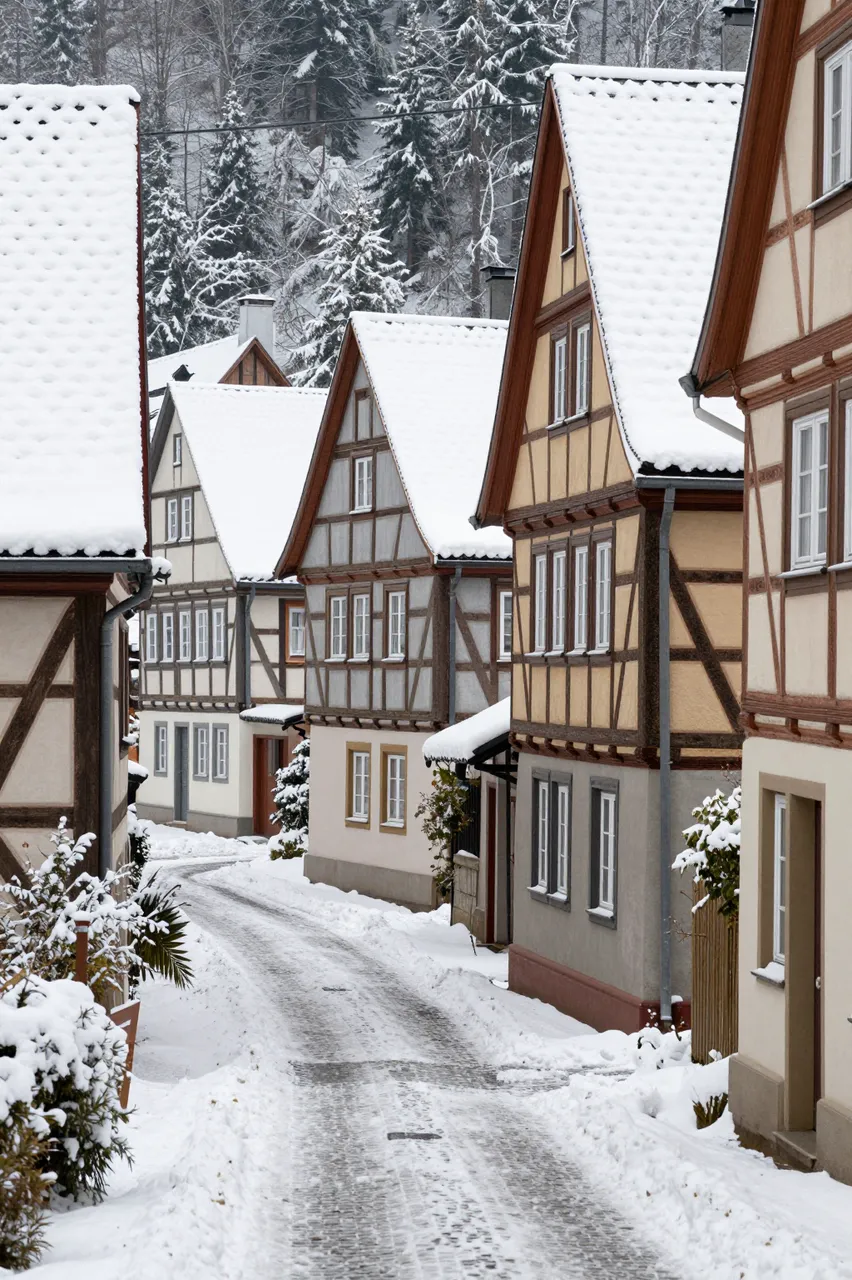 A steep snow-covered lane runs between snow-capped half-timbered houses below a snow-laden forested hillside.