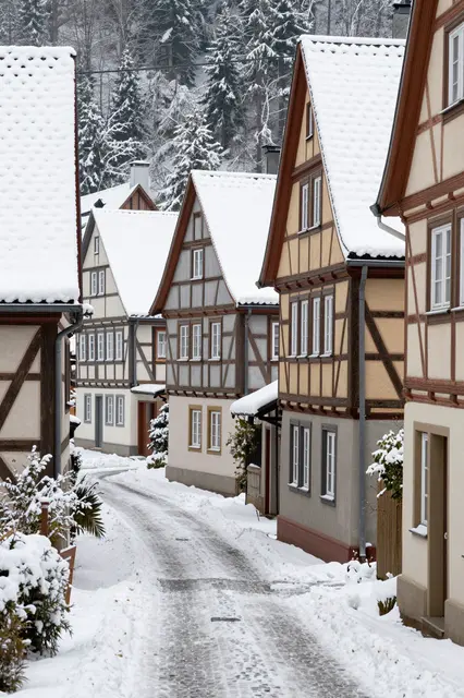 A steep snow-covered lane runs between snow-capped half-timbered houses below a snow-laden forested hillside.