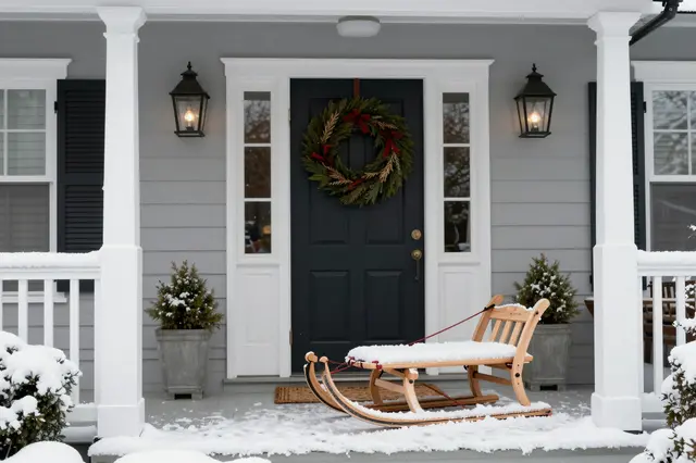 A snow-covered home front porch with a Christmas wreath, lit lanterns, and a wooden sled resting near the front door