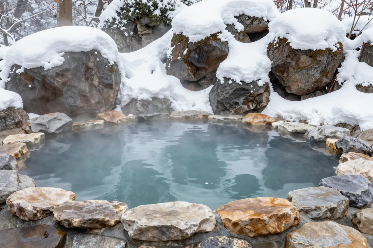 Steaming turquoise hot spring surrounded by snow-covered rocks in a winter Japanese onsen setting