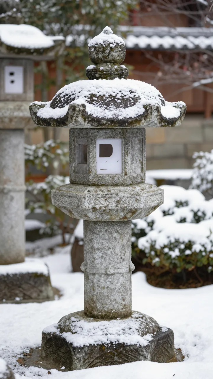 A weathered stone lantern dusted with fresh snow stands in a quiet winter Japanese garden