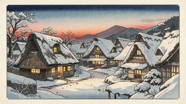 Japanese woodblock print of a snowy thatched roof village with glowing windows under a dusk sky