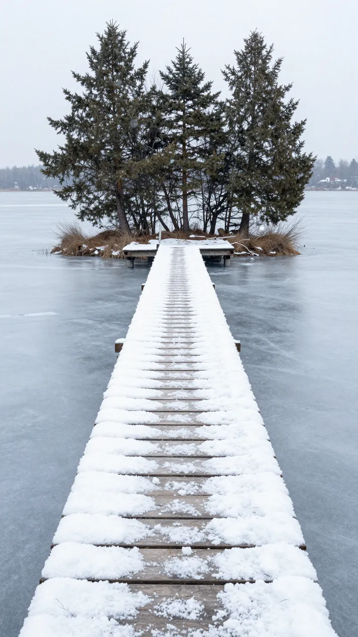 Snow-covered wooden jetty leads across icy lake to a small evergreen tree island in overcast winter weather