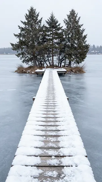 Snow-covered wooden jetty leads across icy lake to a small evergreen tree island in overcast winter weather