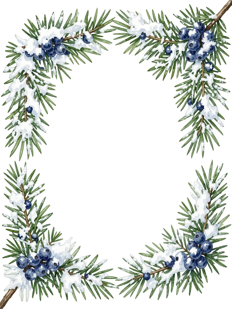 Watercolor frame of snow-dusted juniper sprigs with blue berries surrounding an empty white center