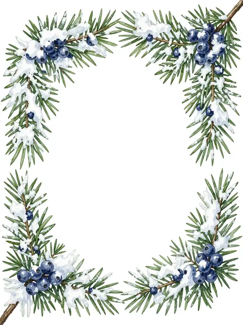 Watercolor frame of snow-dusted juniper sprigs with blue berries surrounding an empty white center