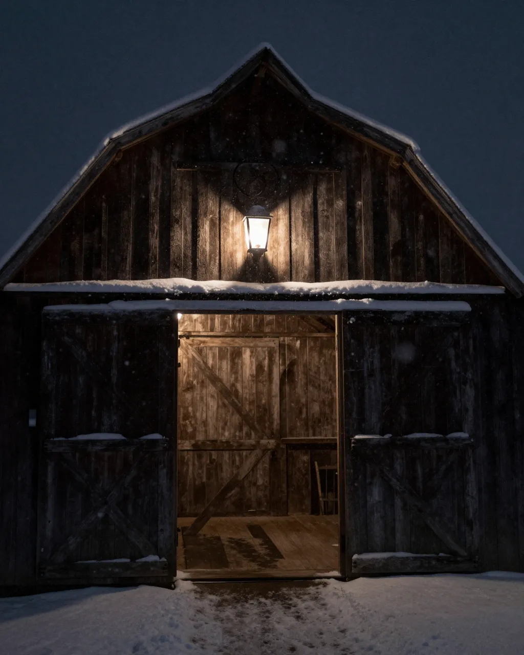 Warm lantern light illuminates a weathered wooden barn doorway on a dark, snowy night