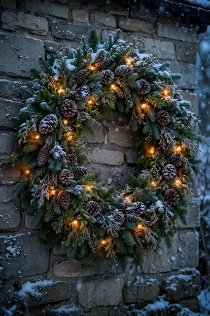 An oversized evergreen Christmas wreath with pinecones and warm fairy lights hangs on a snow-dusted stone cottage wall at