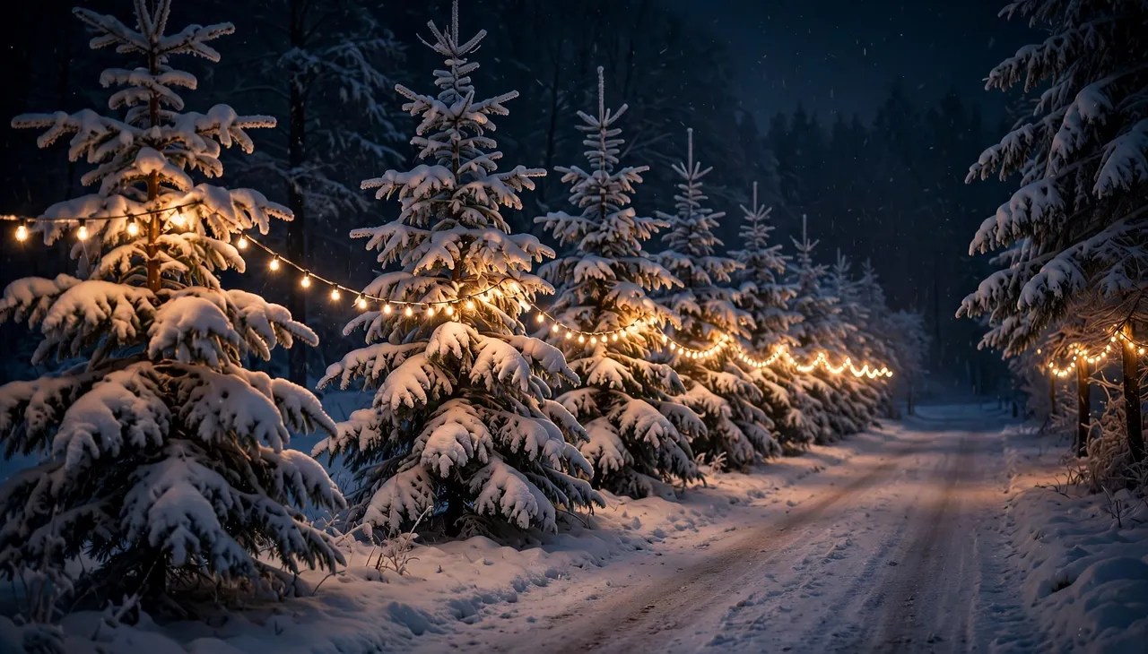 A row of snow-covered fir trees strung with warm Christmas lights lines a quiet snowy country lane at night