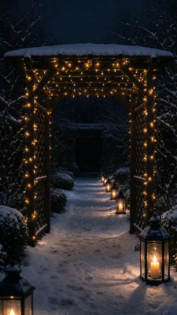A snow-covered wooden arbor wrapped in fairy lights frames a lantern-lit snowy winter path at night