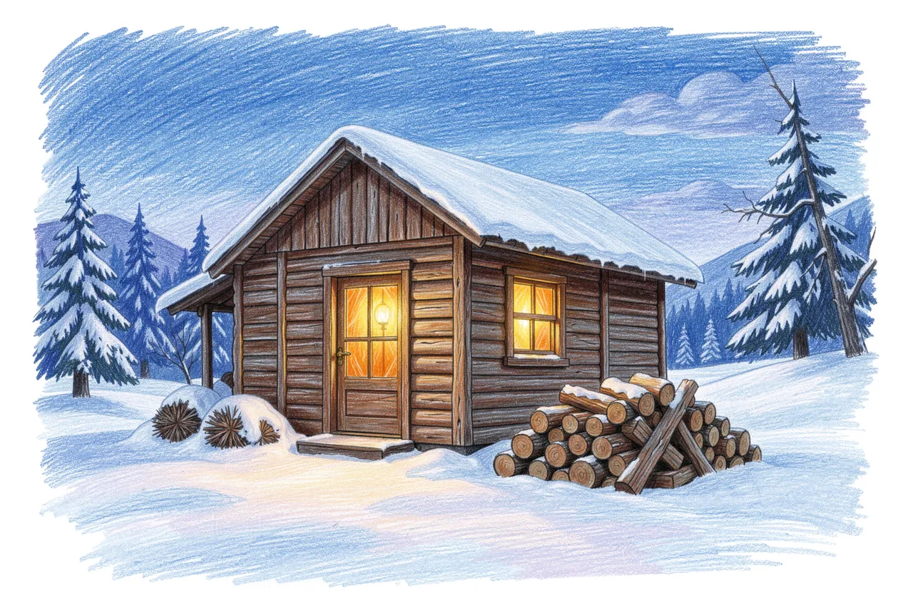 Colored pencil illustration of a snow-covered wooden cabin with glowing windows and a firewood pile at blue twilight