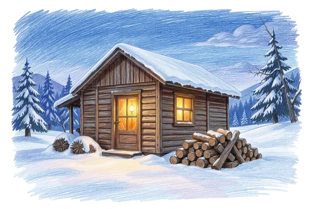 Colored pencil illustration of a snow-covered wooden cabin with glowing windows and a firewood pile at blue twilight