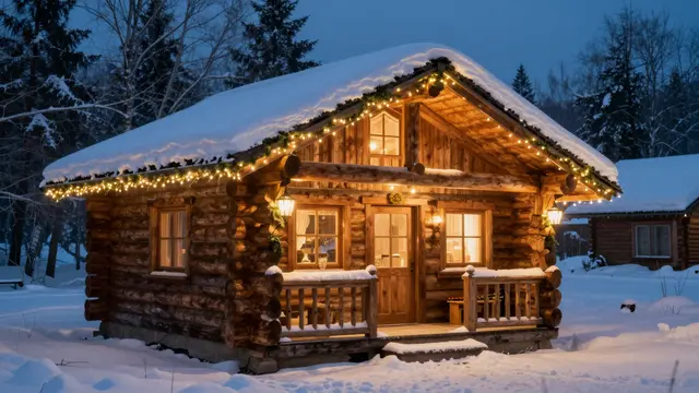 Cozy snow-covered log cabin strung with warm Christmas lights in a winter forest at twilight