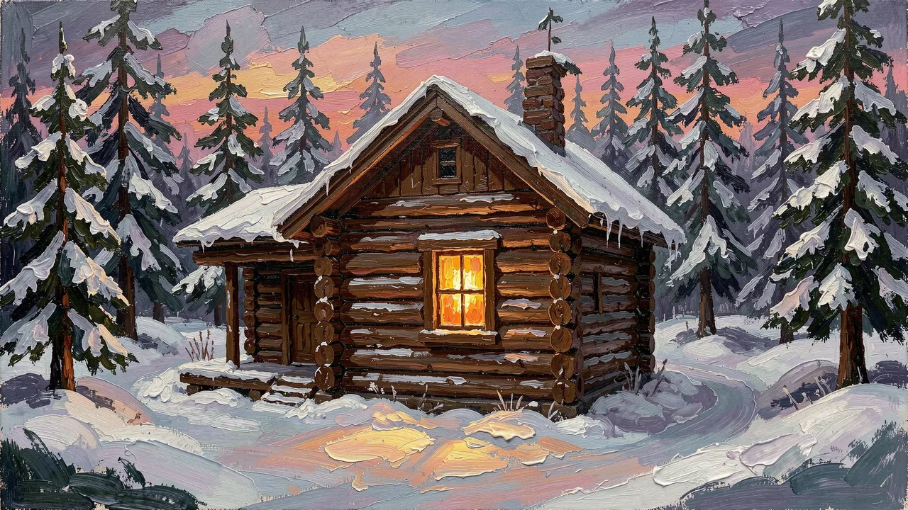Thick impasto oil painting of a snow-covered log cabin with a glowing window in a pine forest at twilight