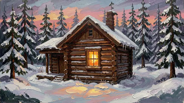 Thick impasto oil painting of a snow-covered log cabin with a glowing window in a pine forest at twilight
