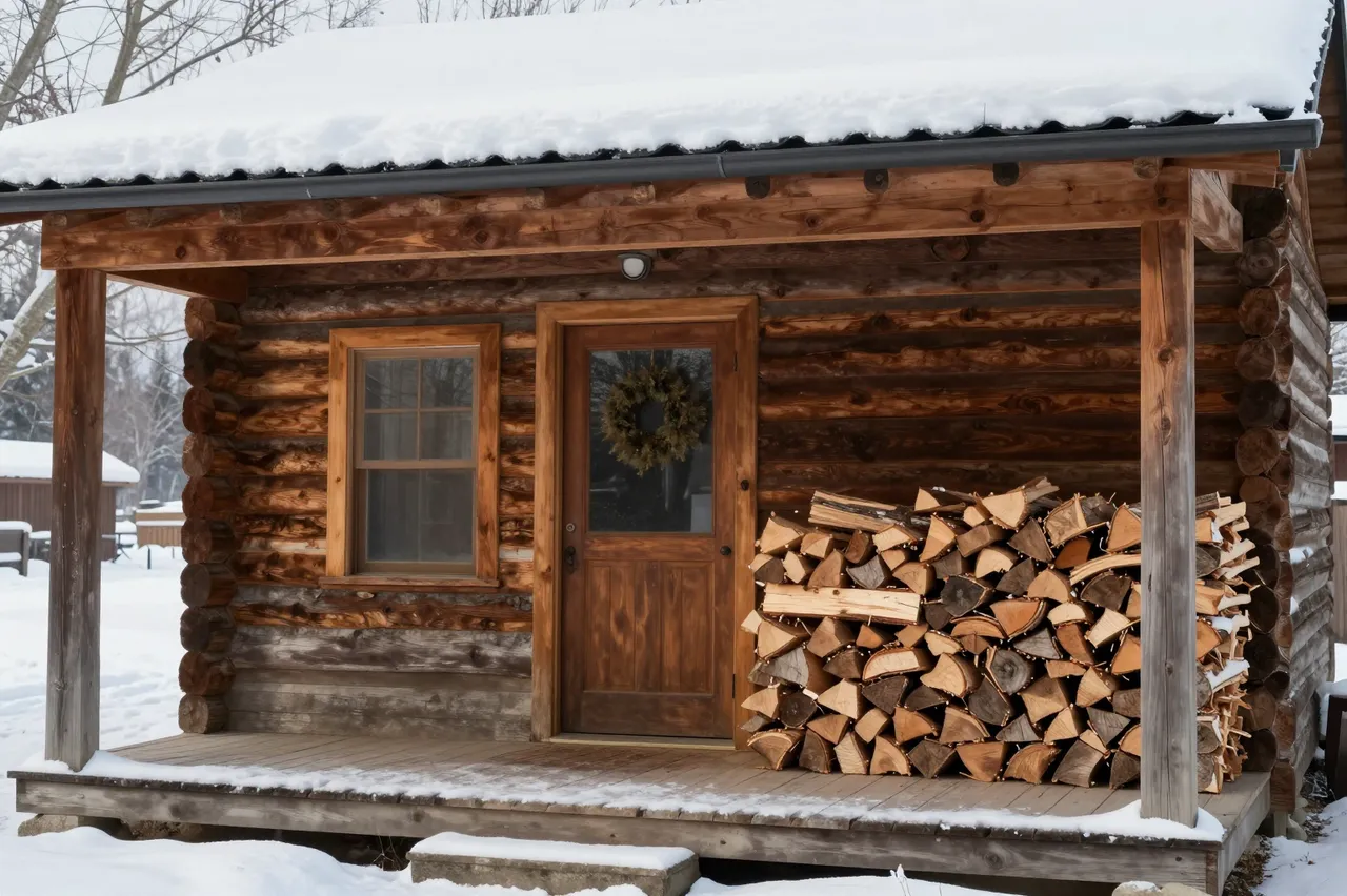 A wooden log cabin with a snow-covered porch, stacked firewood next to the front door, in a quiet winter landscape.