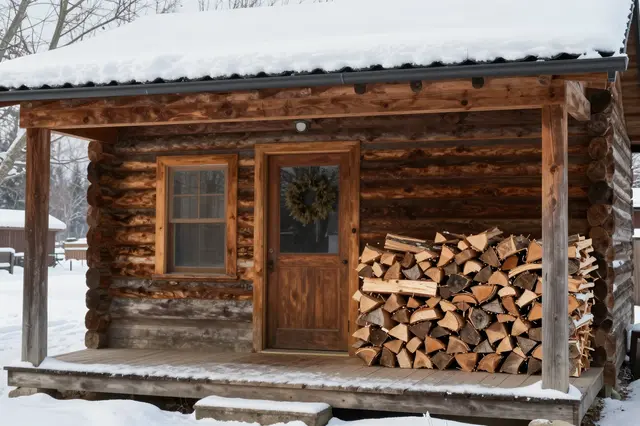 A wooden log cabin with a snow-covered porch, stacked firewood next to the front door, in a quiet winter landscape.
