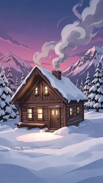 Warm lit wooden cabin sits in deep snow between pine trees as smoke rises from its chimney at twilight with snow capped
