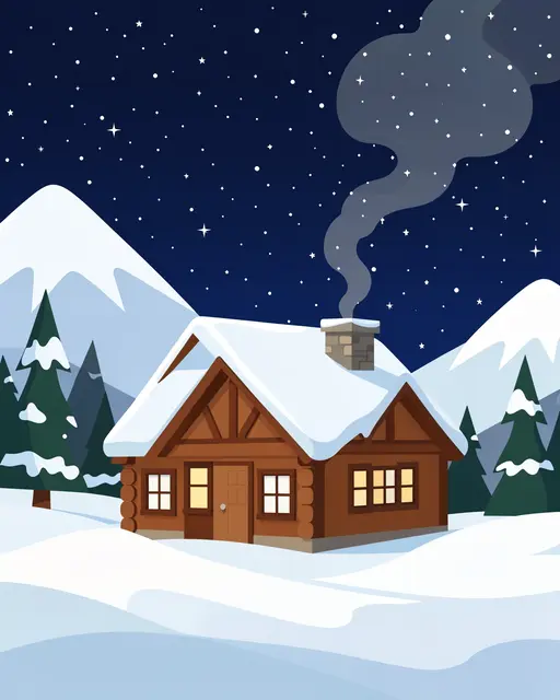 A cozy snow-covered log cabin with rising chimney smoke sits under a starry night sky between snow-capped mountains and pine