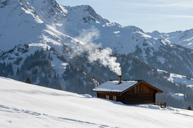 A wooden alpine cabin sits on a snow-covered slope with smoke rising from its chimney beneath snow-capped mountain peaks.
