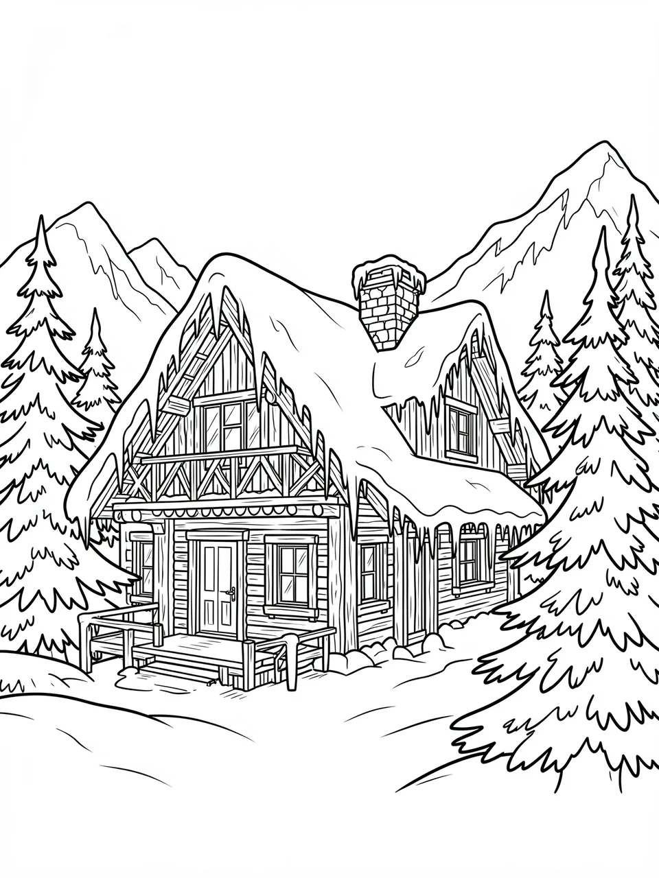 Black and white line art of a detailed alpine chalet surrounded by pine trees and snowy mountains, for coloring.