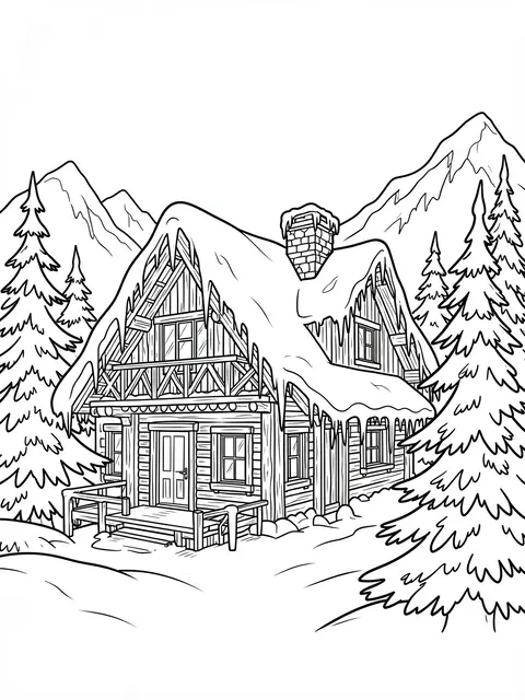 Black and white line art of a detailed alpine chalet surrounded by pine trees and snowy mountains, for coloring.