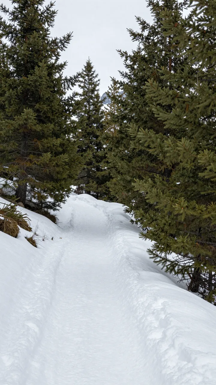 Snow-covered hiking trail winds between dense evergreen pine trees under an overcast winter sky