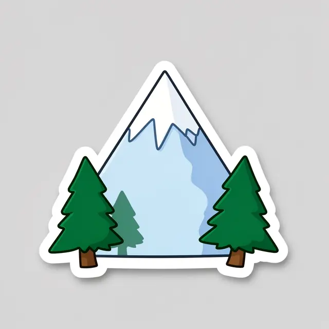 Die-cut sticker illustration of a snowy mountain peak flanked by pine trees on a light gray background