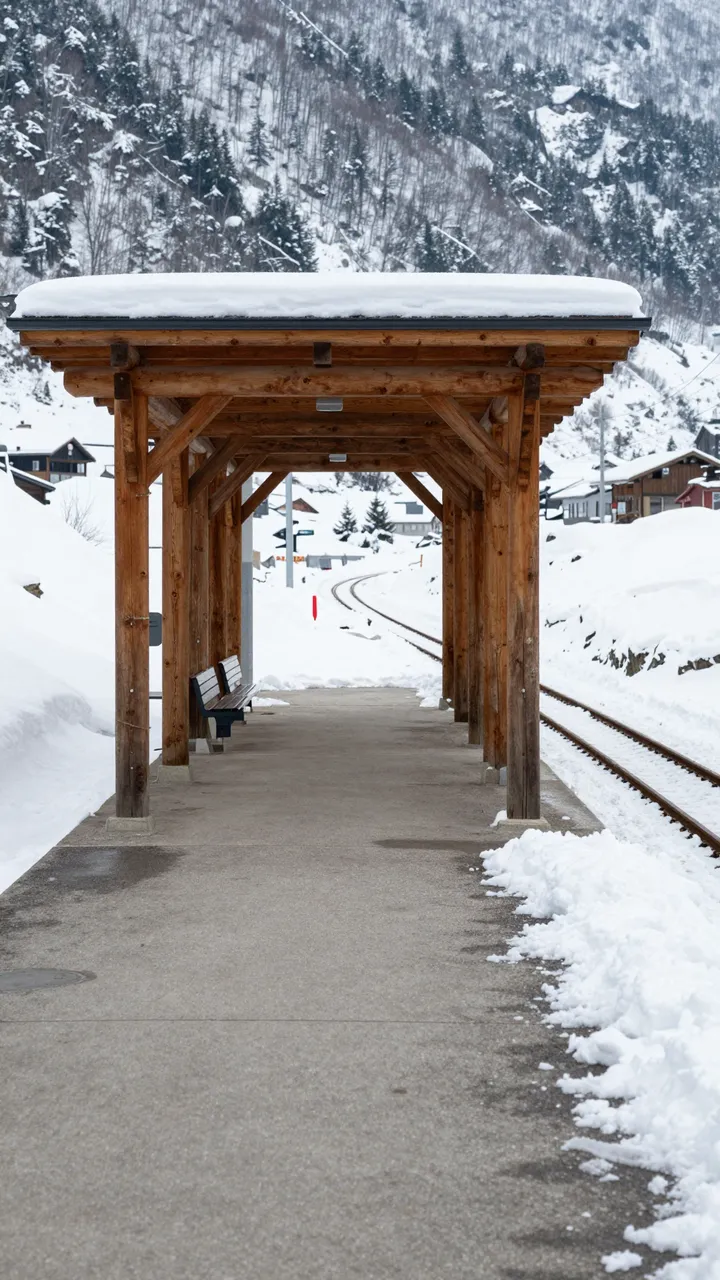 Empty snow-covered mountain railway platform with a wooden shelter beside winter tracks