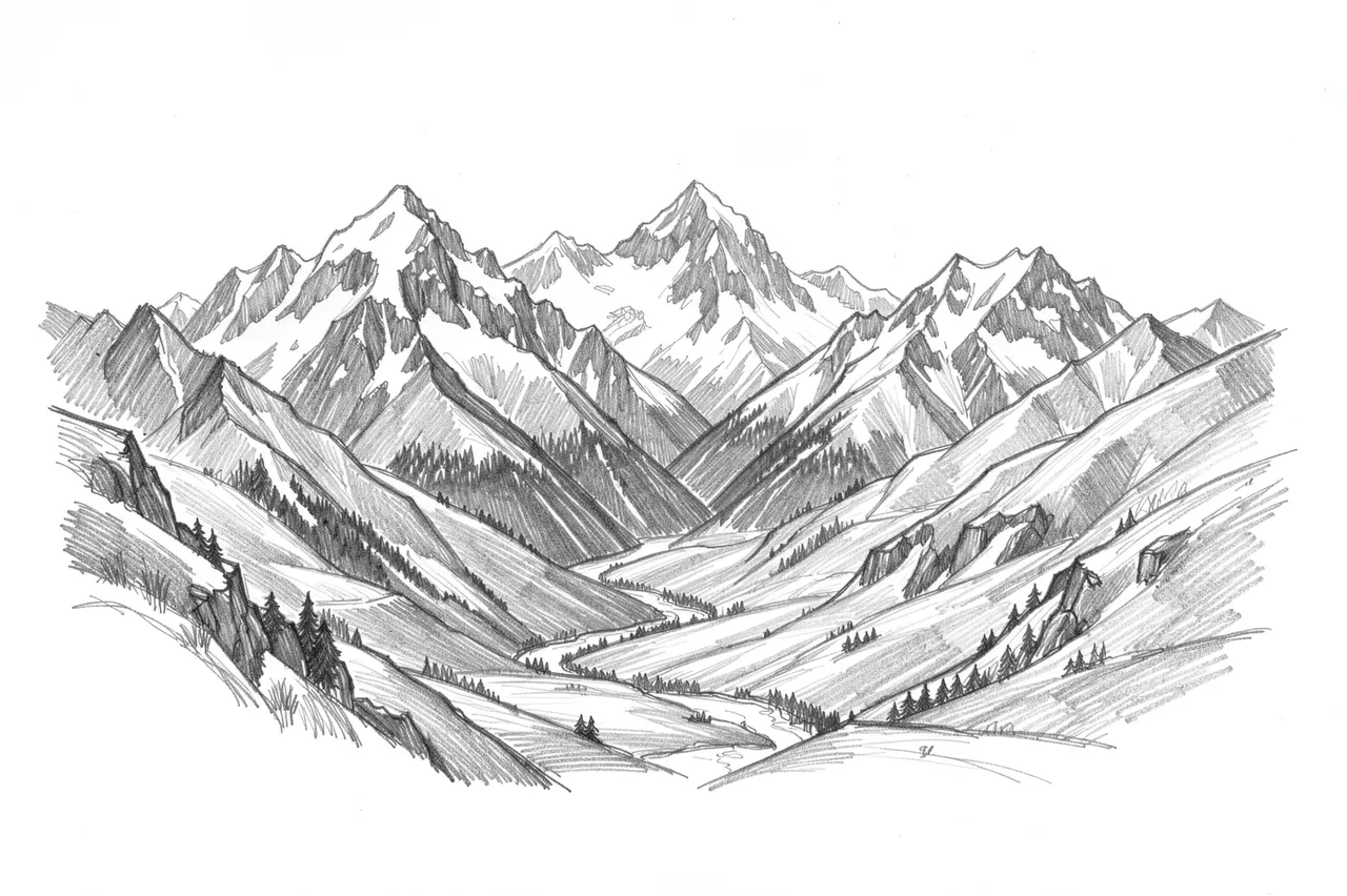 Graphite pencil sketch of snowy alpine peaks rising above a forested mountain valley on white paper