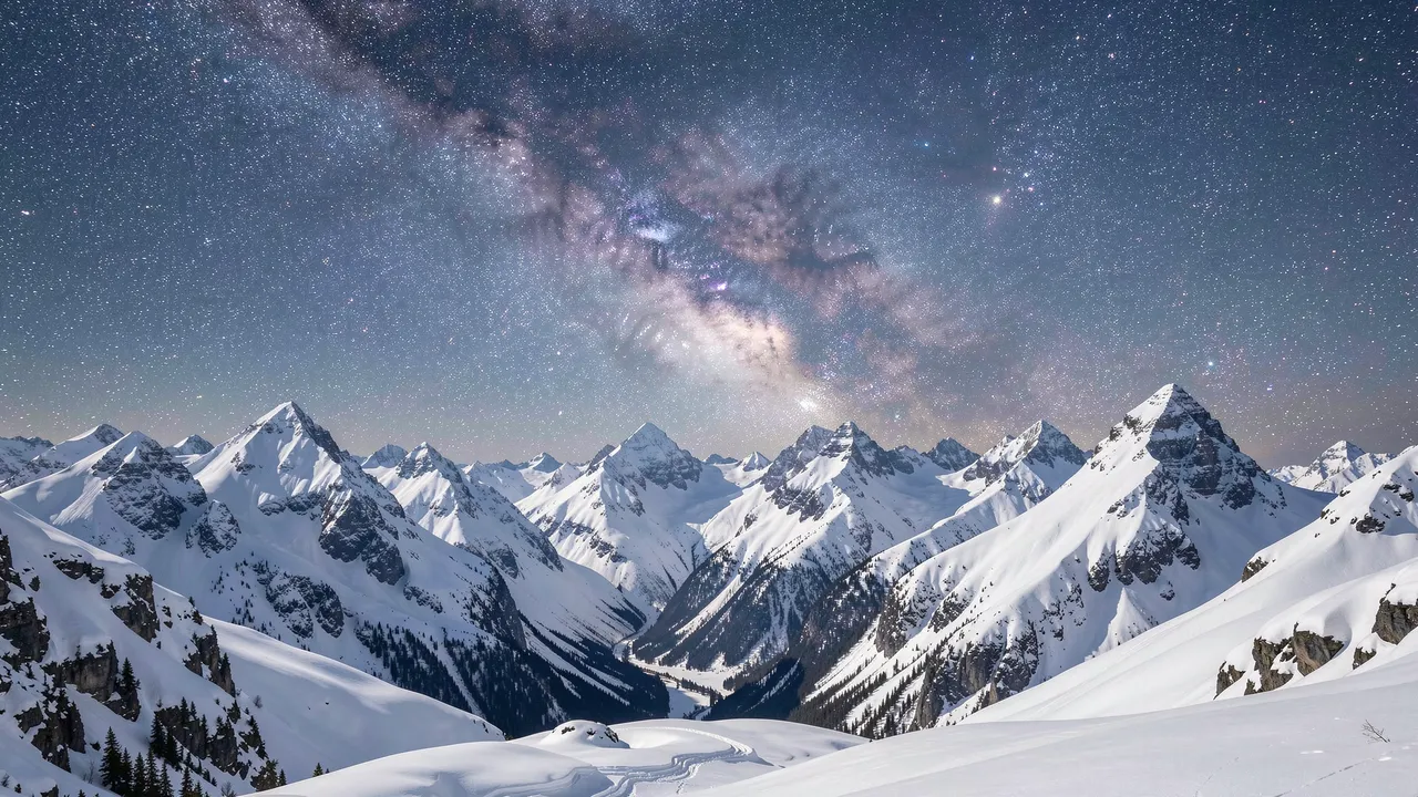 Snow-capped alpine mountain peaks stretch beneath a bright, star-filled Milky Way night sky