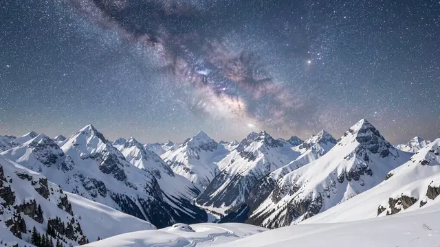 Snow-capped alpine mountain peaks stretch beneath a bright, star-filled Milky Way night sky