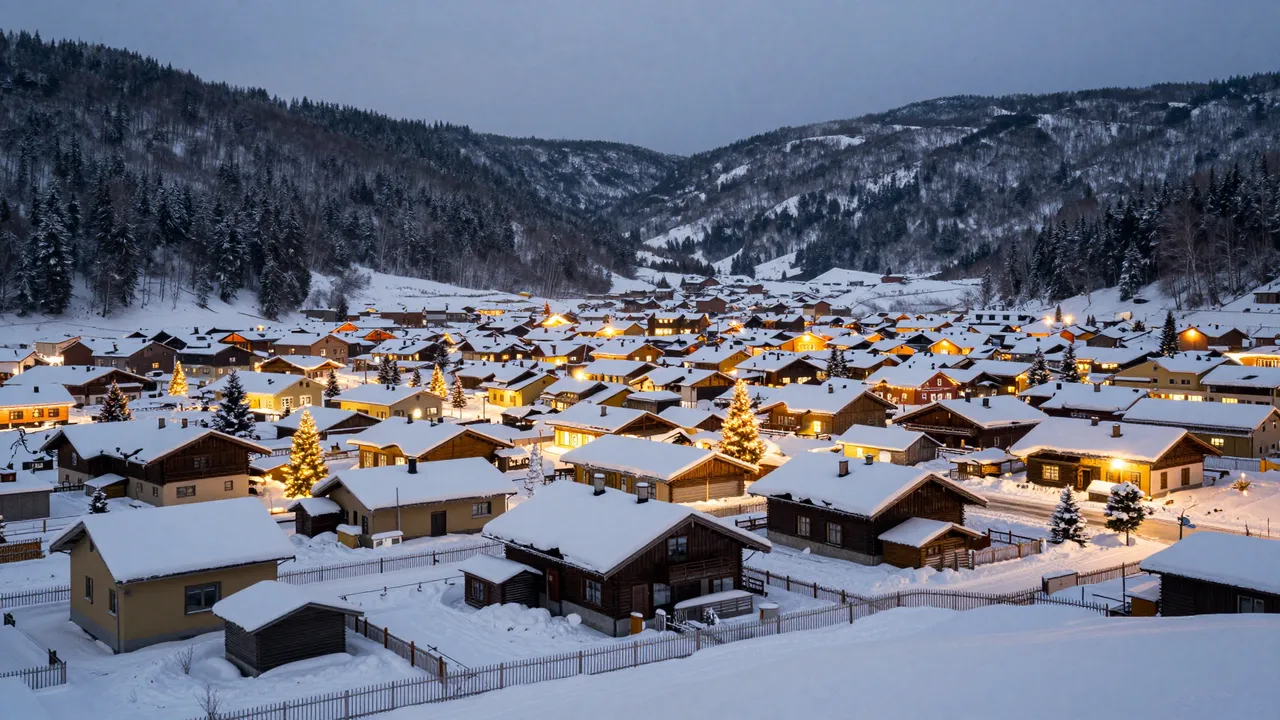 A snow-covered alpine mountain town glows with warm Christmas lights between forested winter hills at dusk