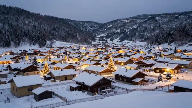 A snow-covered alpine mountain town glows with warm Christmas lights between forested winter hills at dusk