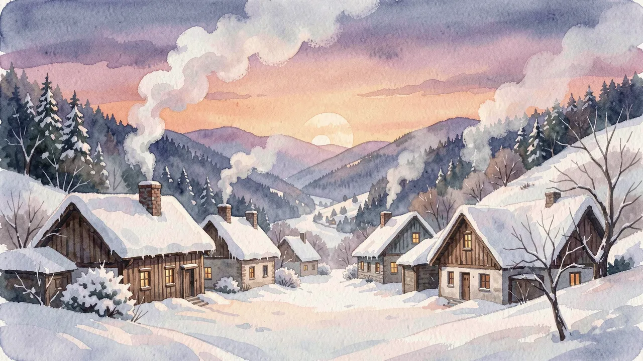 Gouache winter scene of a quiet snow-covered valley village with smoking chimneys at pastel dusk