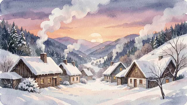 Gouache winter scene of a quiet snow-covered valley village with smoking chimneys at pastel dusk