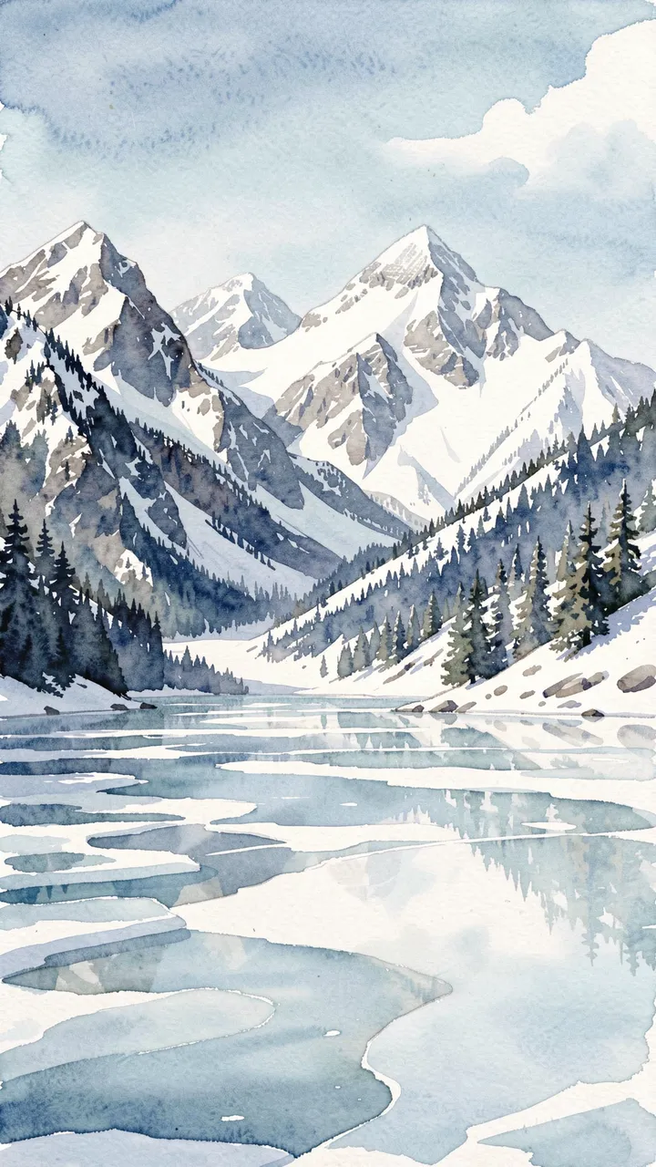 Vertical watercolor landscape of snow-capped mountains, evergreen trees, and a partially frozen alpine lake under soft blue