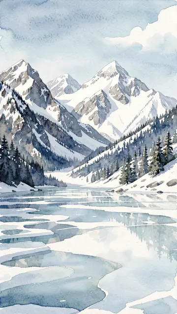 Vertical watercolor landscape of snow-capped mountains, evergreen trees, and a partially frozen alpine lake under soft blue